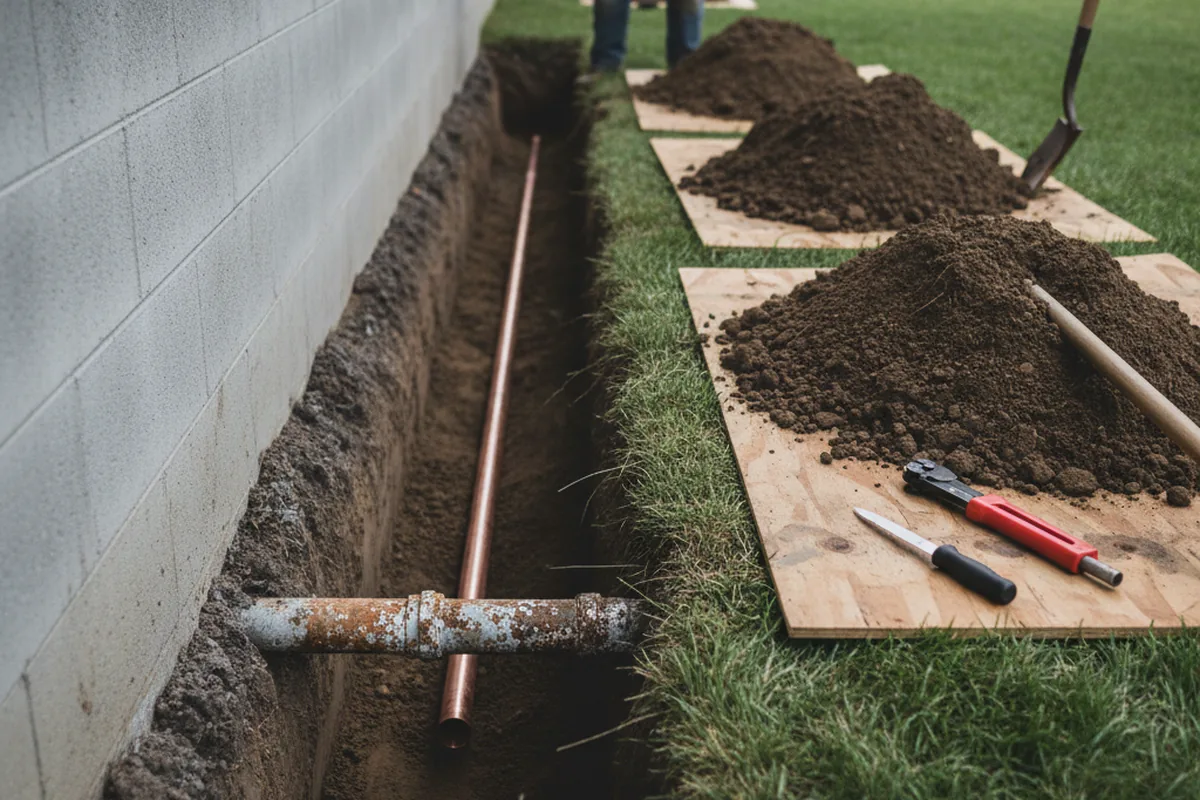 Excavated water line trench during Sewer Line Repair in Kennedale